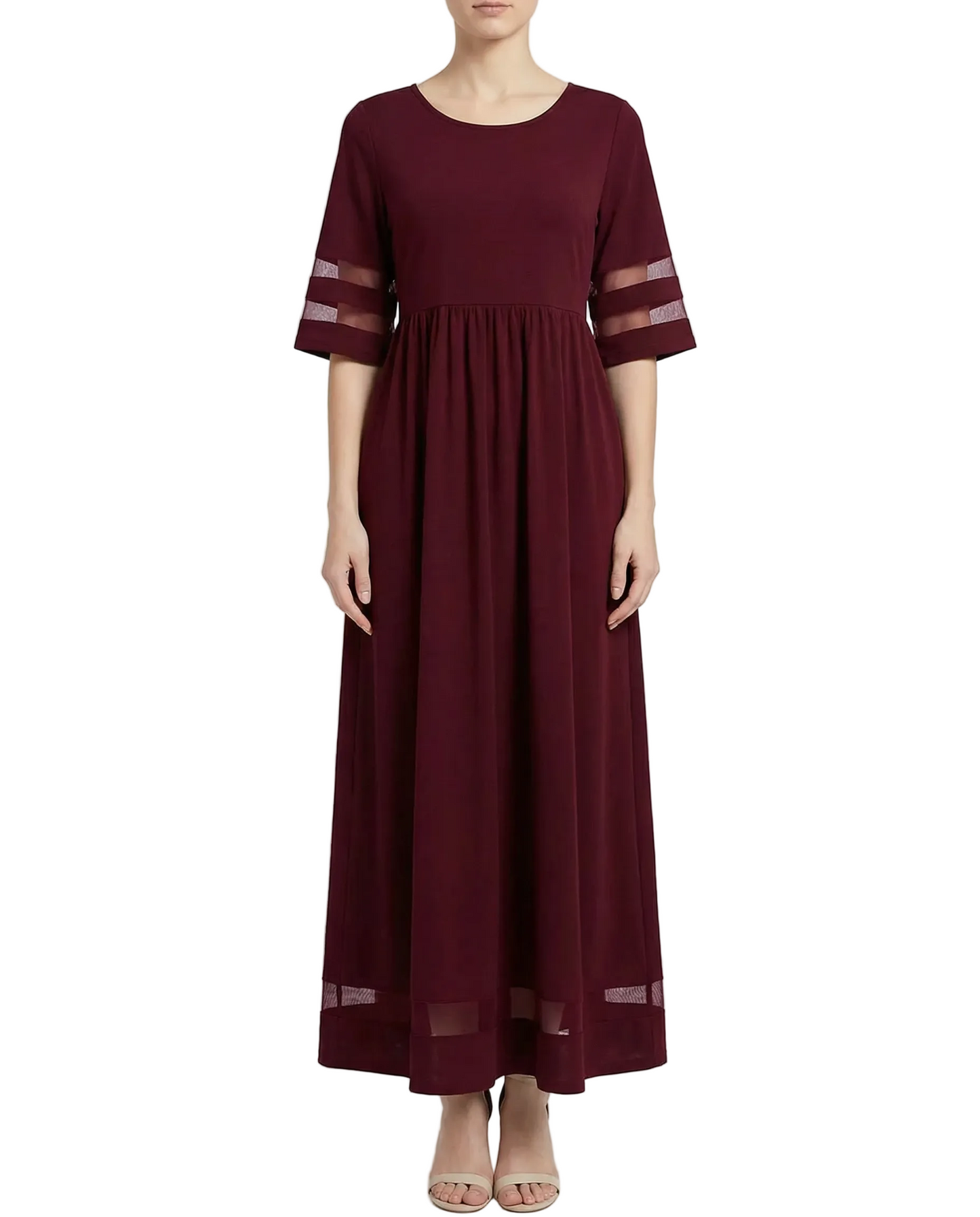 Robe midi femme avec col rond et manches mi-longues-Maxi Dress-Gigié