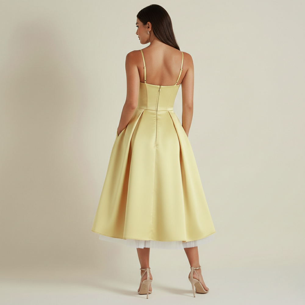 Robe midi femme avec corsage structuré et fines bretelles-Midi Dress-Gigié