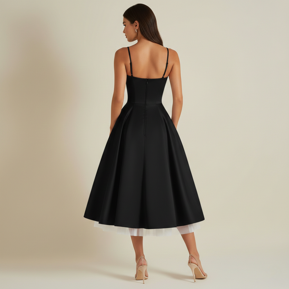 Robe midi femme avec corsage structuré et fines bretelles-Midi Dress-Gigié