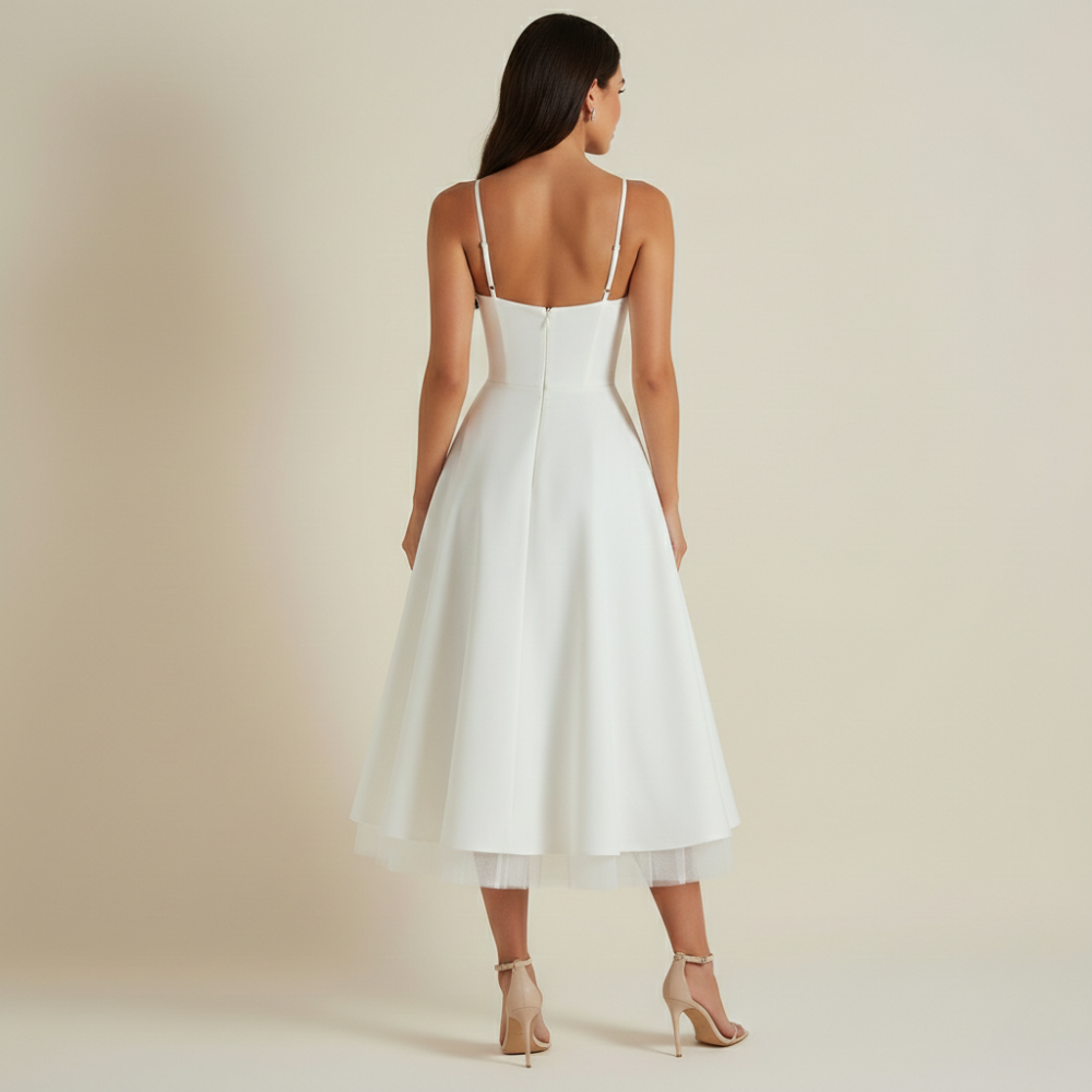 Robe midi femme avec corsage structuré et fines bretelles-Midi Dress-Gigié