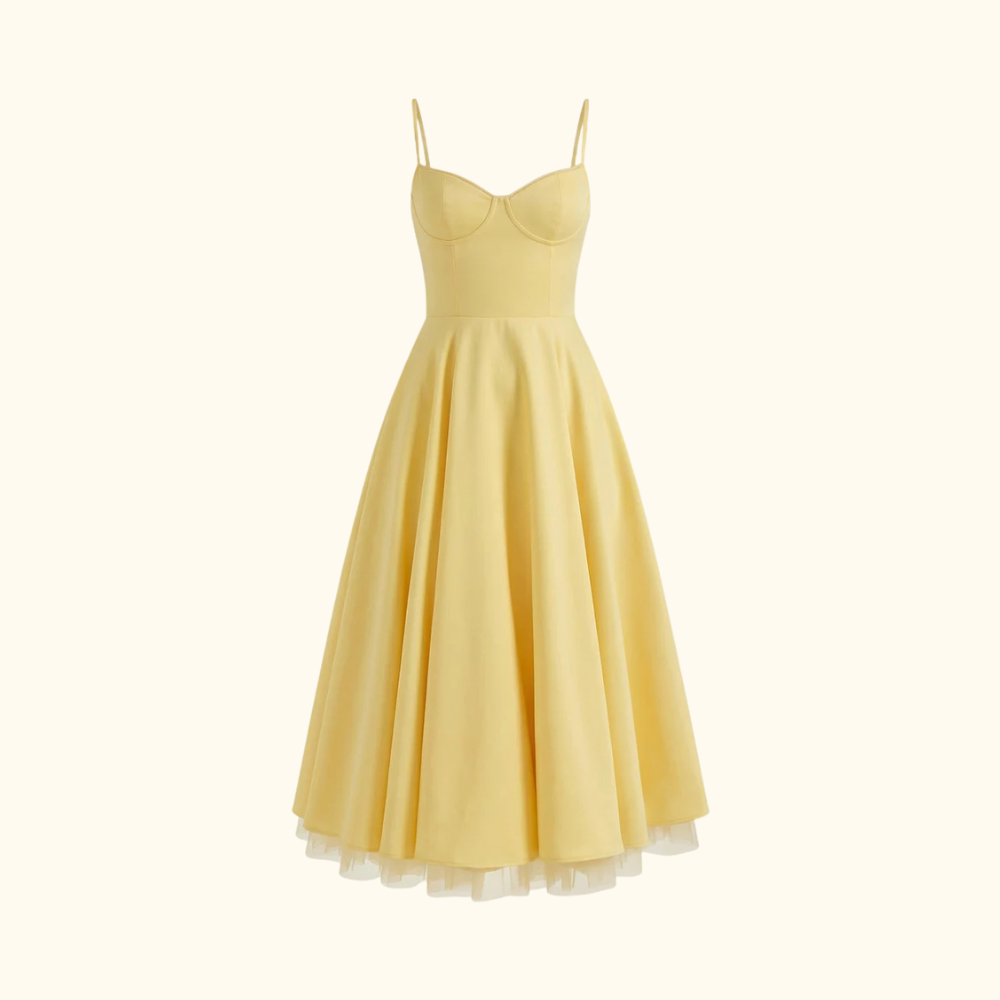 Robe midi femme avec corsage structuré et fines bretelles-Midi Dress-Gigié