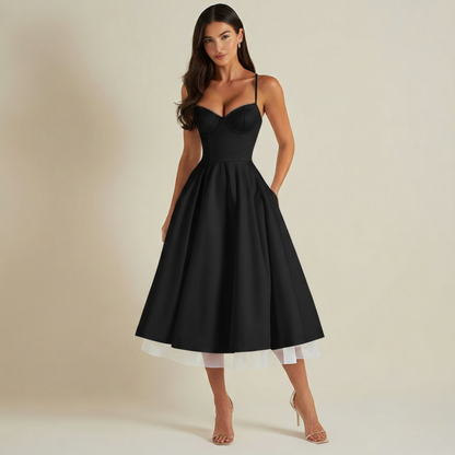 Robe midi femme avec corsage structuré et fines bretelles-Midi Dress-Gigié