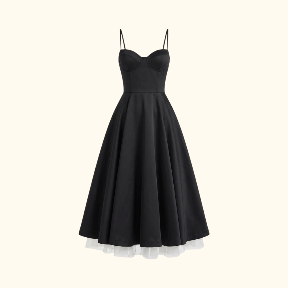 Robe midi femme avec corsage structuré et fines bretelles-Midi Dress-Gigié