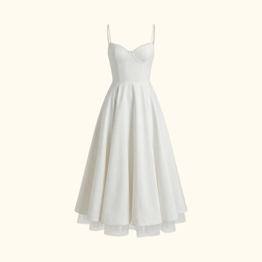 Robe midi femme avec corsage structuré et fines bretelles-Midi Dress-Gigié
