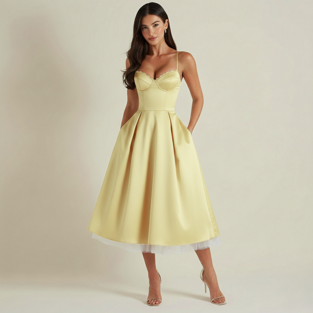Robe midi femme avec corsage structuré et fines bretelles-Midi Dress-Gigié
