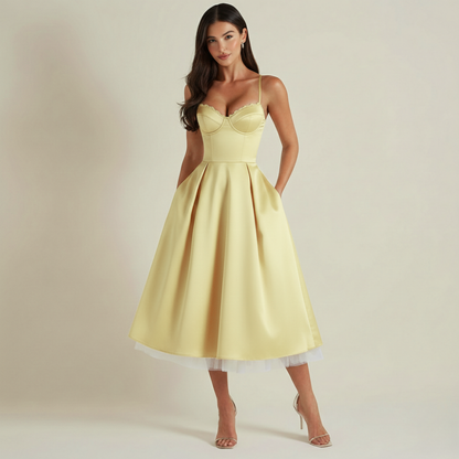 Robe midi femme avec corsage structuré et fines bretelles-Midi Dress-Gigié