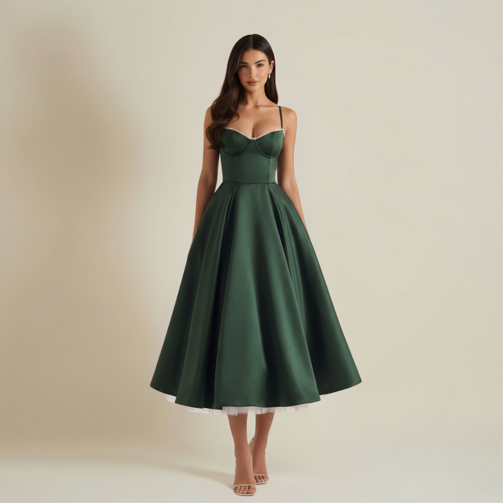Robe midi femme avec corsage structuré et fines bretelles-Midi Dress-Gigié