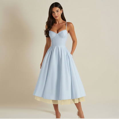 Robe midi femme avec corsage structuré et fines bretelles-Midi Dress-Gigié
