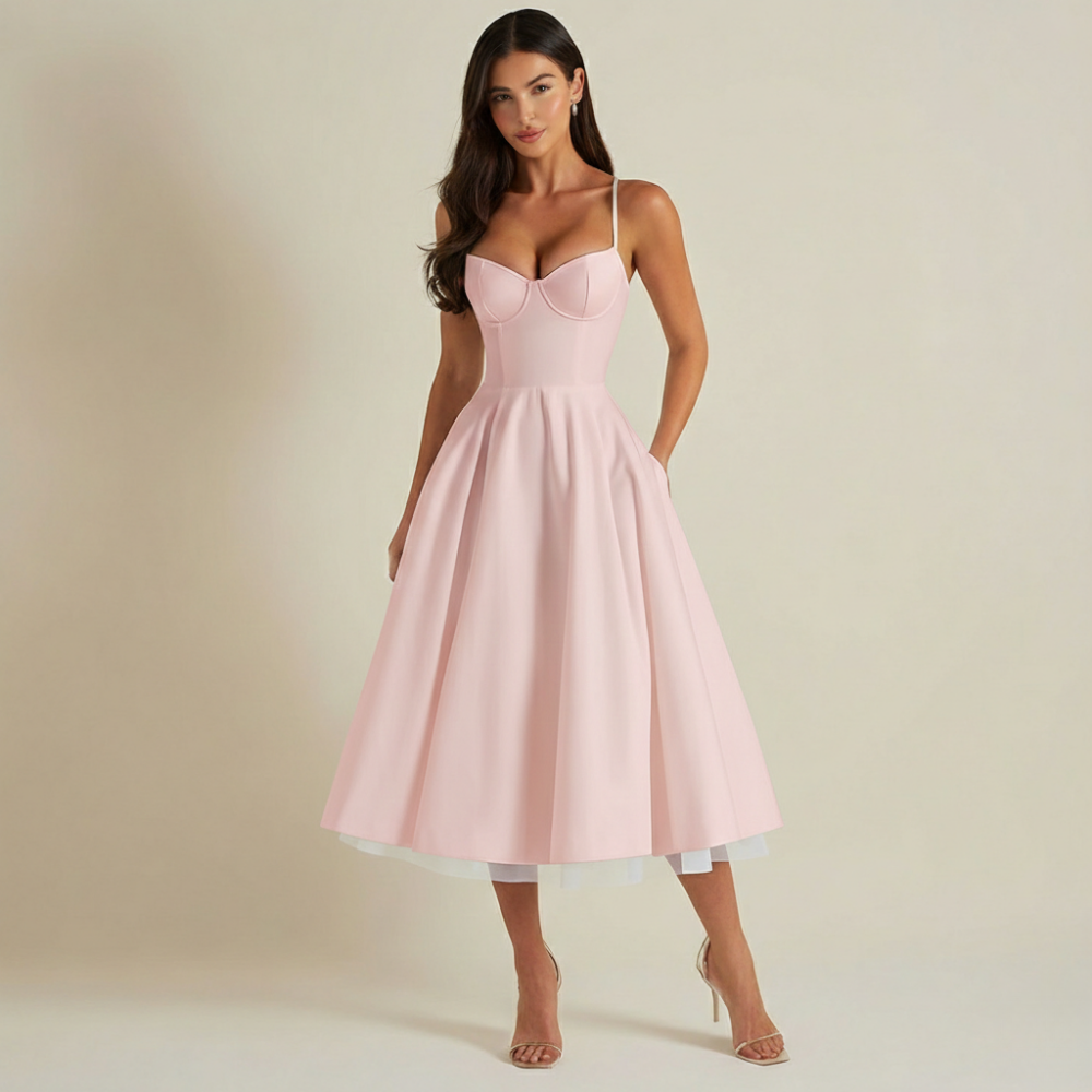 Robe midi femme avec corsage structuré et fines bretelles-Midi Dress-Gigié