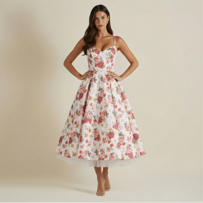 Robe midi femme avec corsage structuré et fines bretelles-Midi Dress-Gigié