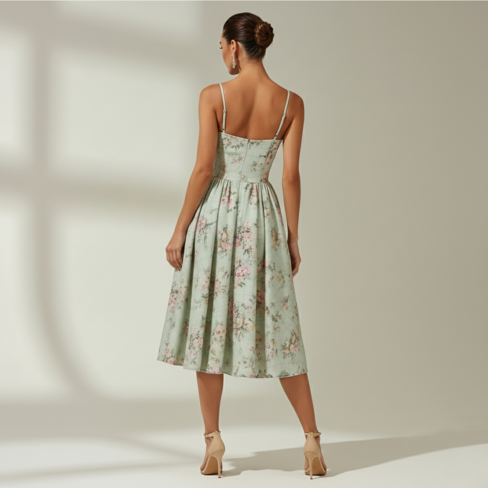 Robe midi femme avec corsage structuré et fines bretelles-Midi Dress-Gigié