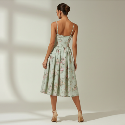 Robe midi femme avec corsage structuré et fines bretelles-Midi Dress-Gigié