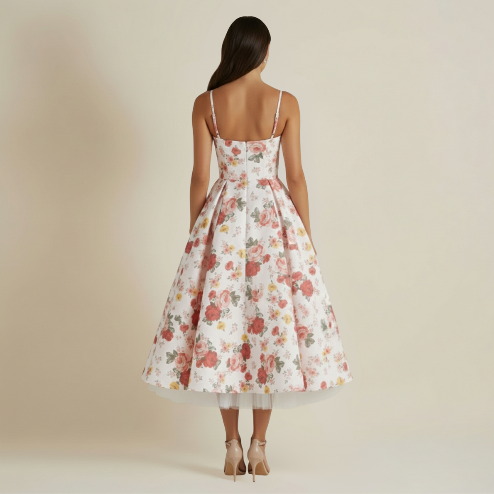 Robe midi femme avec corsage structuré et fines bretelles-Midi Dress-Gigié
