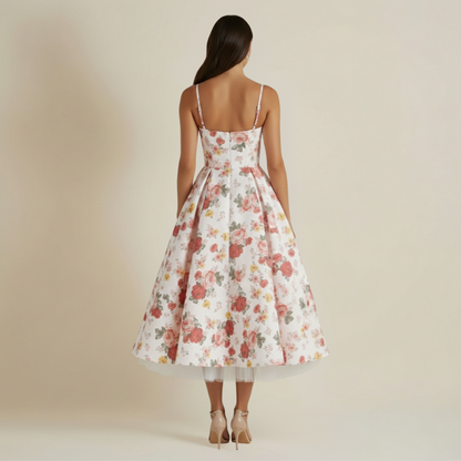 Robe midi femme avec corsage structuré et fines bretelles-Midi Dress-Gigié