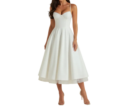 Robe midi femme avec corsage structuré et fines bretelles-Midi Dress-Gigié