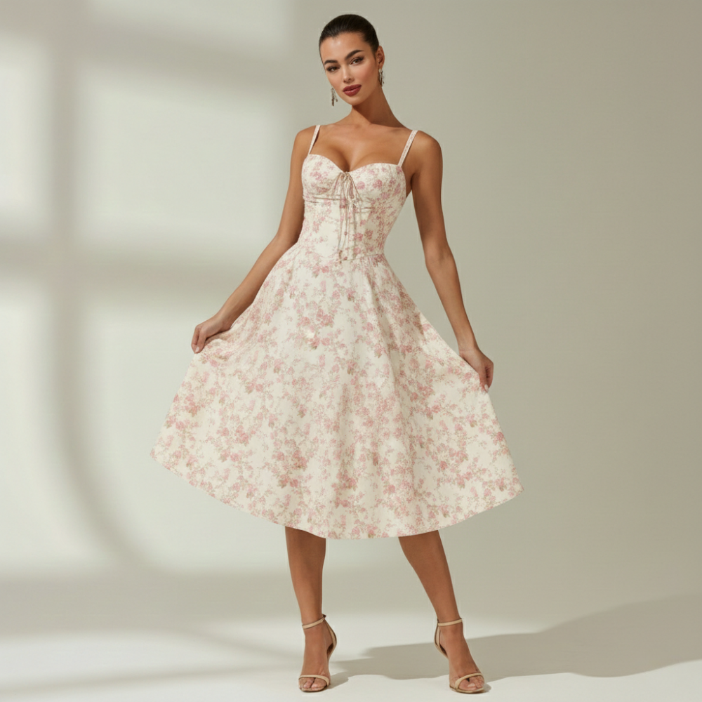 Robe midi femme avec décolleté cœur et bretelles-Midi Dress-Gigié