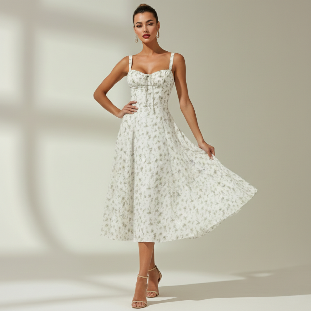 Robe midi femme avec décolleté cœur et bretelles-Midi Dress-Gigié