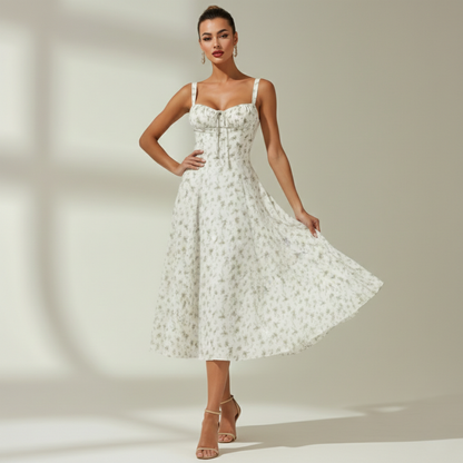 Robe midi femme avec décolleté cœur et bretelles-Midi Dress-Gigié