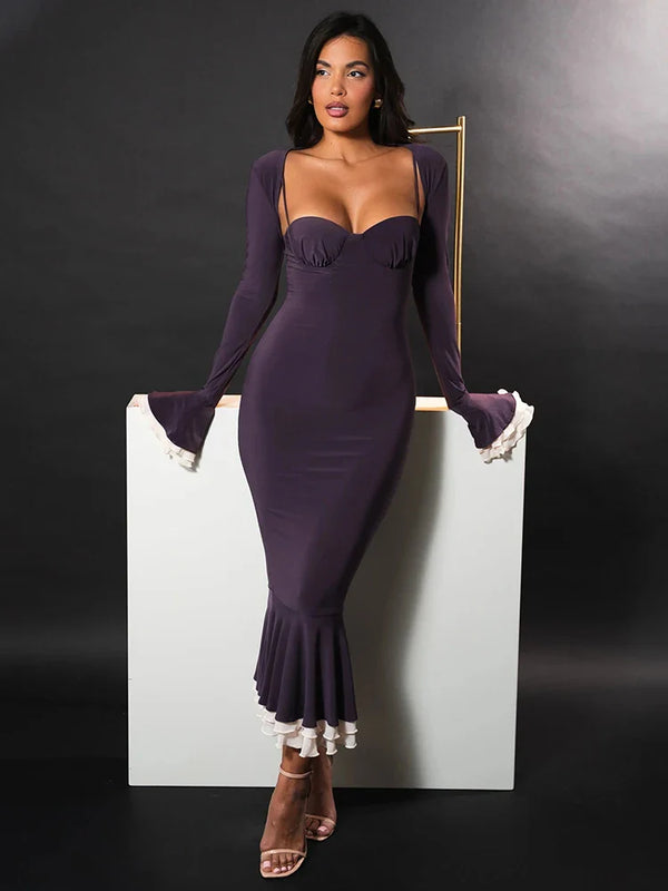 Robe midi femme avec décolleté cœur, manches longues et finitions à volants-Midi Dress-Gigié