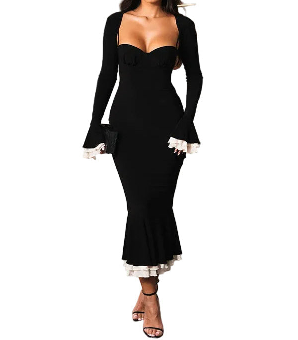 Robe midi femme avec décolleté cœur, manches longues et finitions à volants-Midi Dress-Gigié
