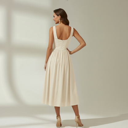 Robe midi femme avec décolleté en V profond et design sans manches-Midi Dress-Gigié