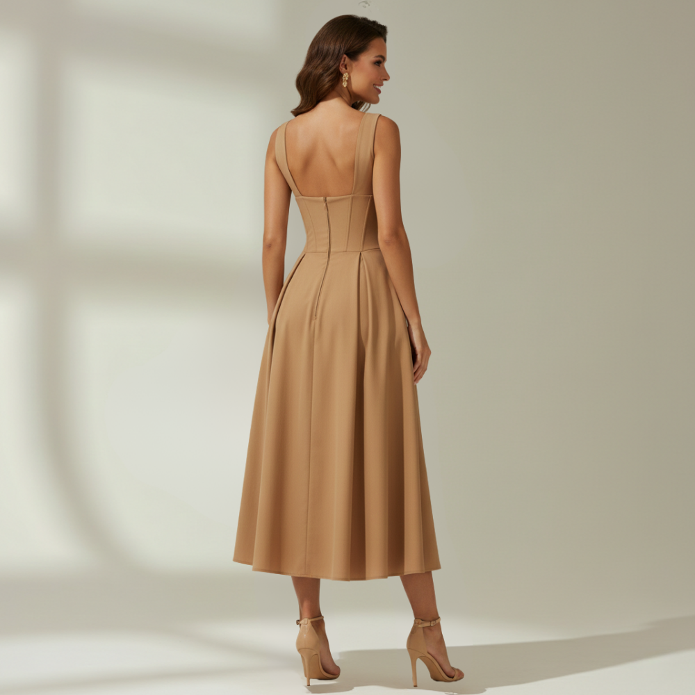 Robe midi femme avec décolleté en V profond et design sans manches-Midi Dress-Gigié