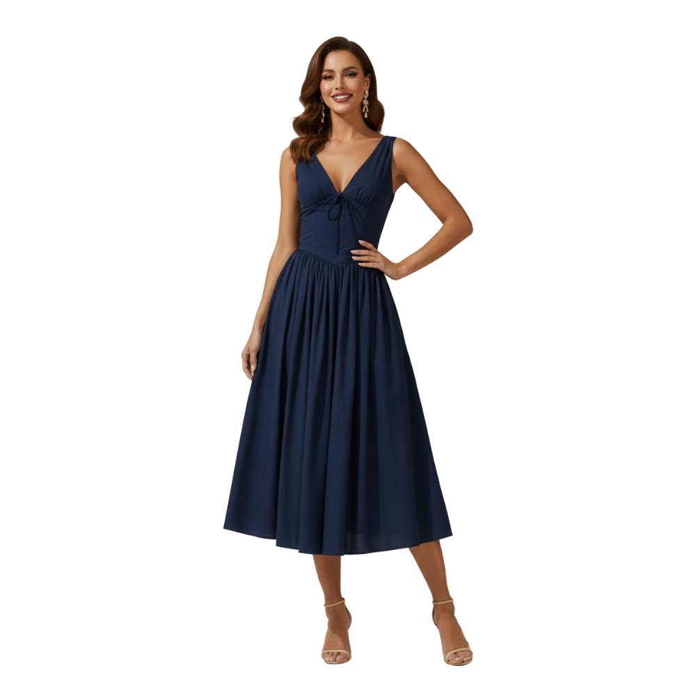 Robe midi femme avec décolleté en V profond et design sans manches-Midi Dress-Gigié