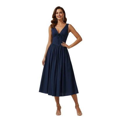 Robe midi femme avec décolleté en V profond et design sans manches-Midi Dress-Gigié