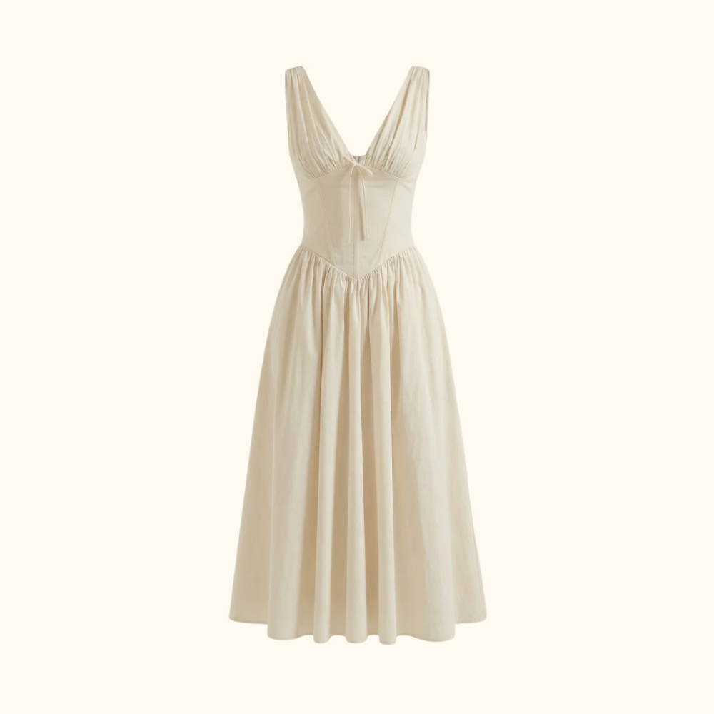Robe midi femme avec décolleté en V profond et design sans manches-Midi Dress-Gigié