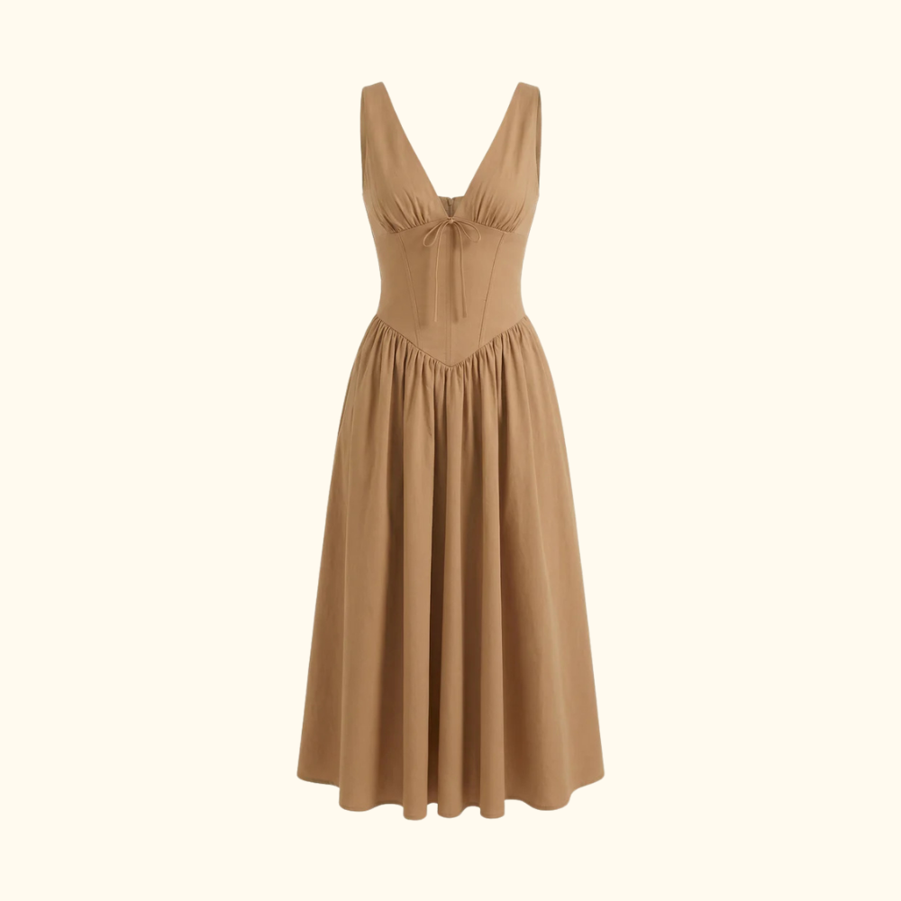 Robe midi femme avec décolleté en V profond et design sans manches-Midi Dress-Gigié