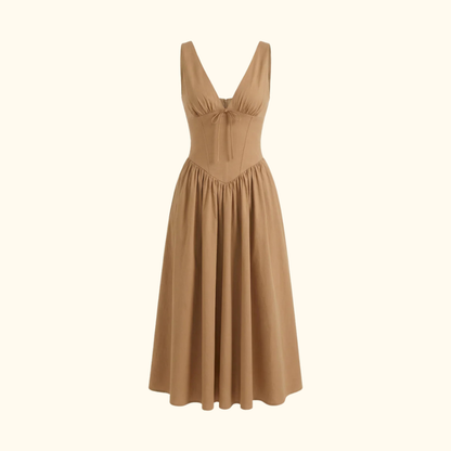 Robe midi femme avec décolleté en V profond et design sans manches-Midi Dress-Gigié