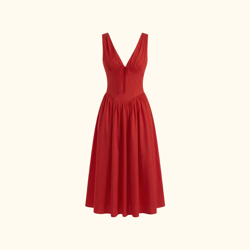 Robe midi femme avec décolleté en V profond et design sans manches-Midi Dress-Gigié