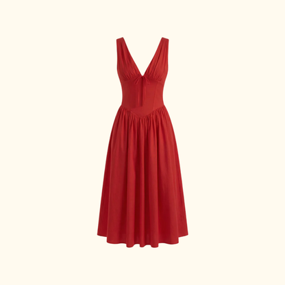 Robe midi femme avec décolleté en V profond et design sans manches-Midi Dress-Gigié
