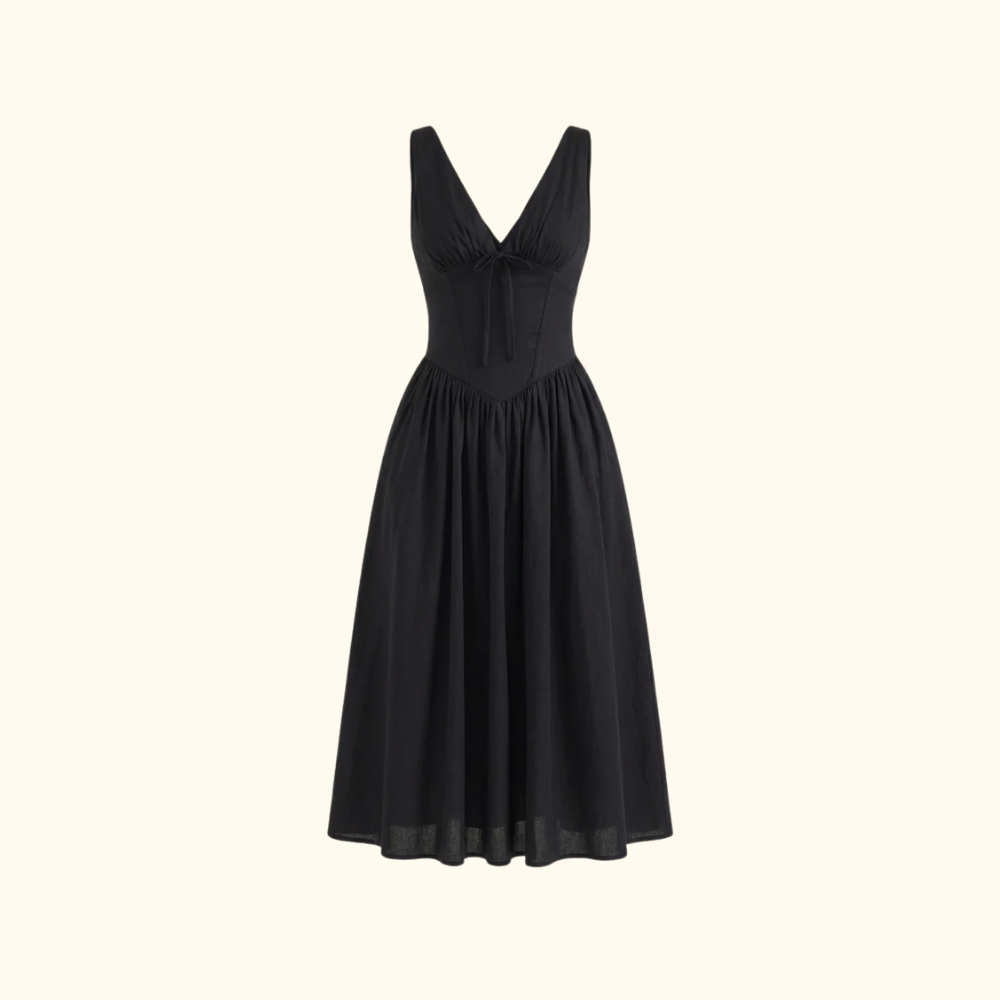 Robe midi femme avec décolleté en V profond et design sans manches-Midi Dress-Gigié