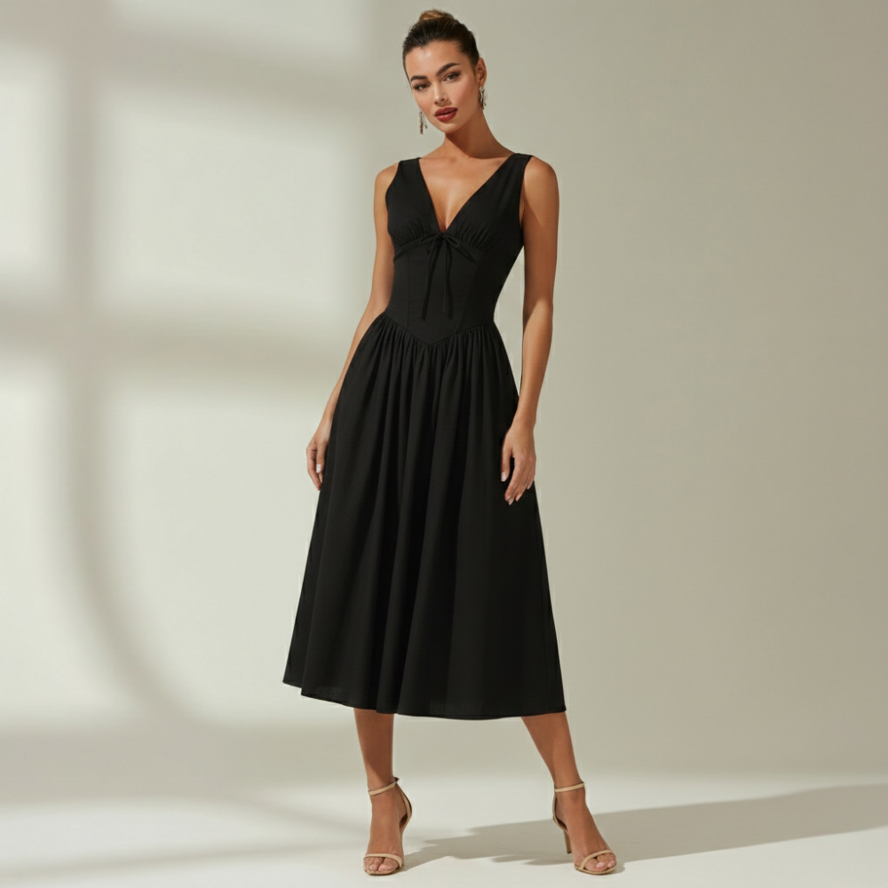 Robe midi femme avec décolleté en V profond et design sans manches-Midi Dress-Gigié