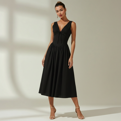 Robe midi femme avec décolleté en V profond et design sans manches-Midi Dress-Gigié