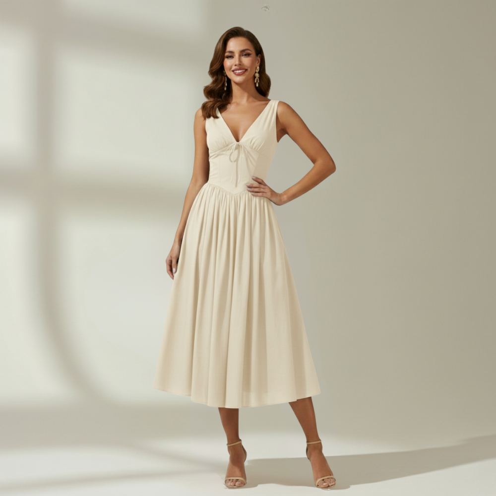 Robe midi femme avec décolleté en V profond et design sans manches-Midi Dress-Gigié