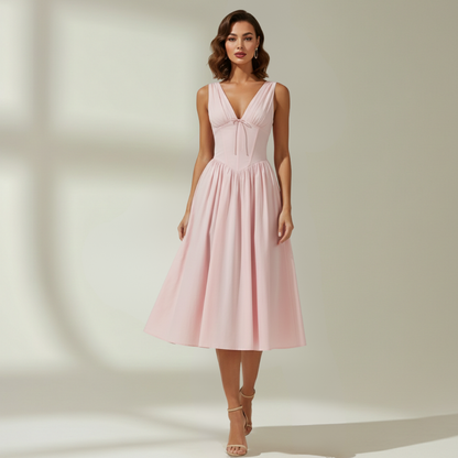 Robe midi femme avec décolleté en V profond et design sans manches-Midi Dress-Gigié