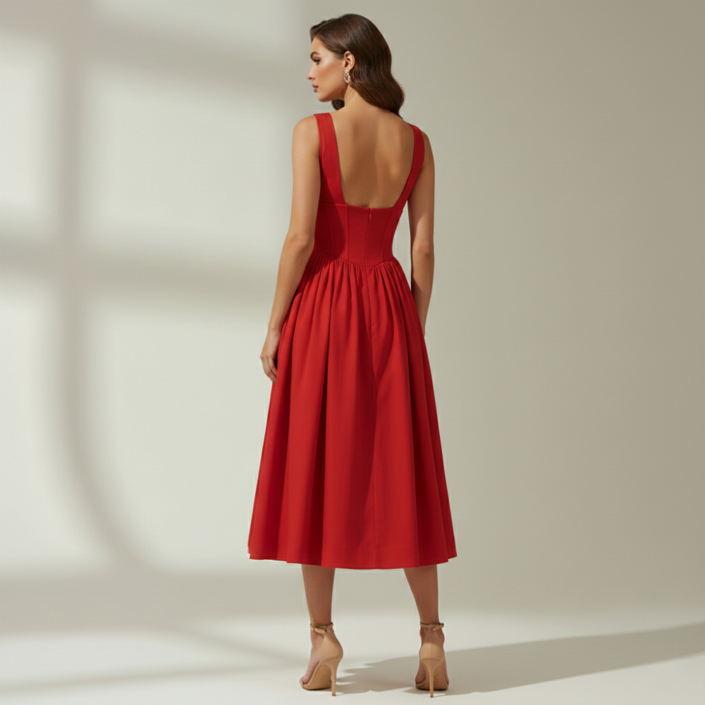 Robe midi femme avec décolleté en V profond et design sans manches-Midi Dress-Gigié