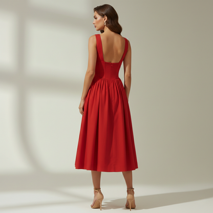 Robe midi femme avec décolleté en V profond et design sans manches-Midi Dress-Gigié