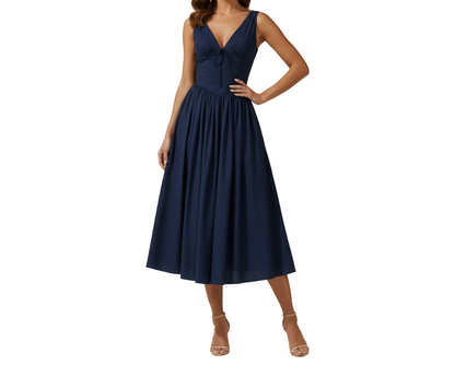 Robe midi femme avec décolleté en V profond et design sans manches-Midi Dress-Gigié