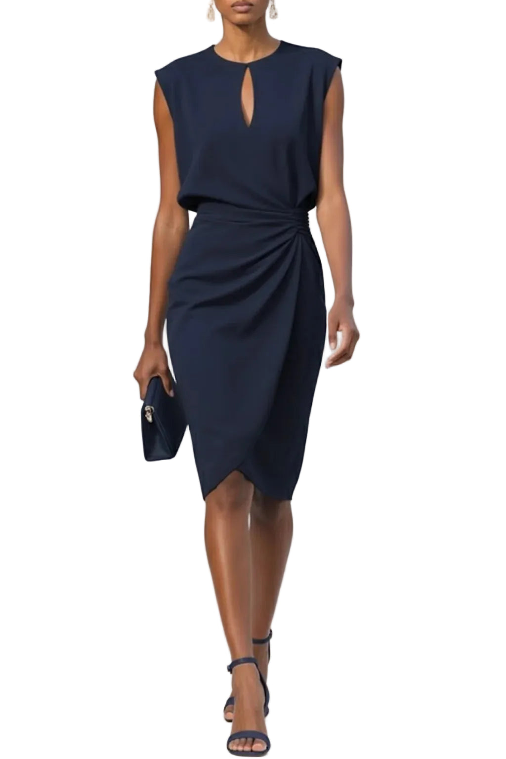Robe midi femme avec encolure goutte et effet drapé-Midi Dress-Gigié