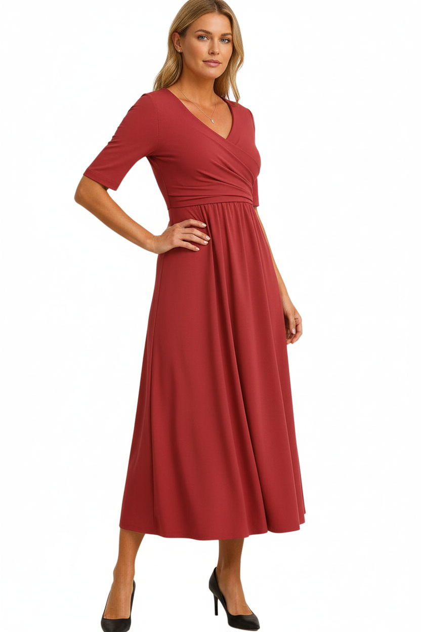 Robe midi femme avec haut cache-cœur et manches courtes-Midi Dress-Gigié