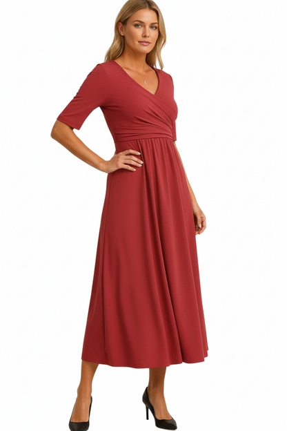 Robe midi femme avec haut cache-cœur et manches courtes-Midi Dress-Gigié