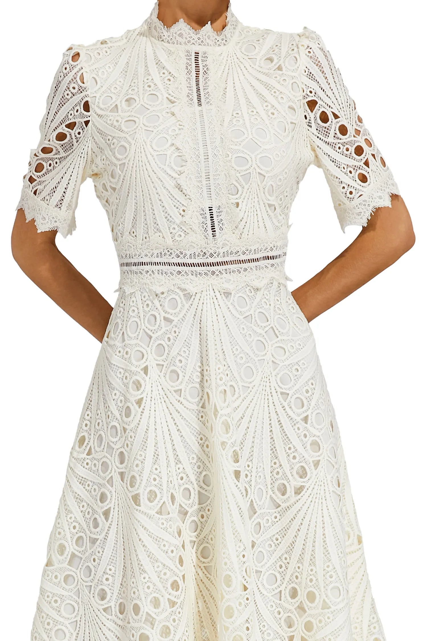 Robe midi femme avec structure en dentelle et col montant-Midi Dress-Gigié