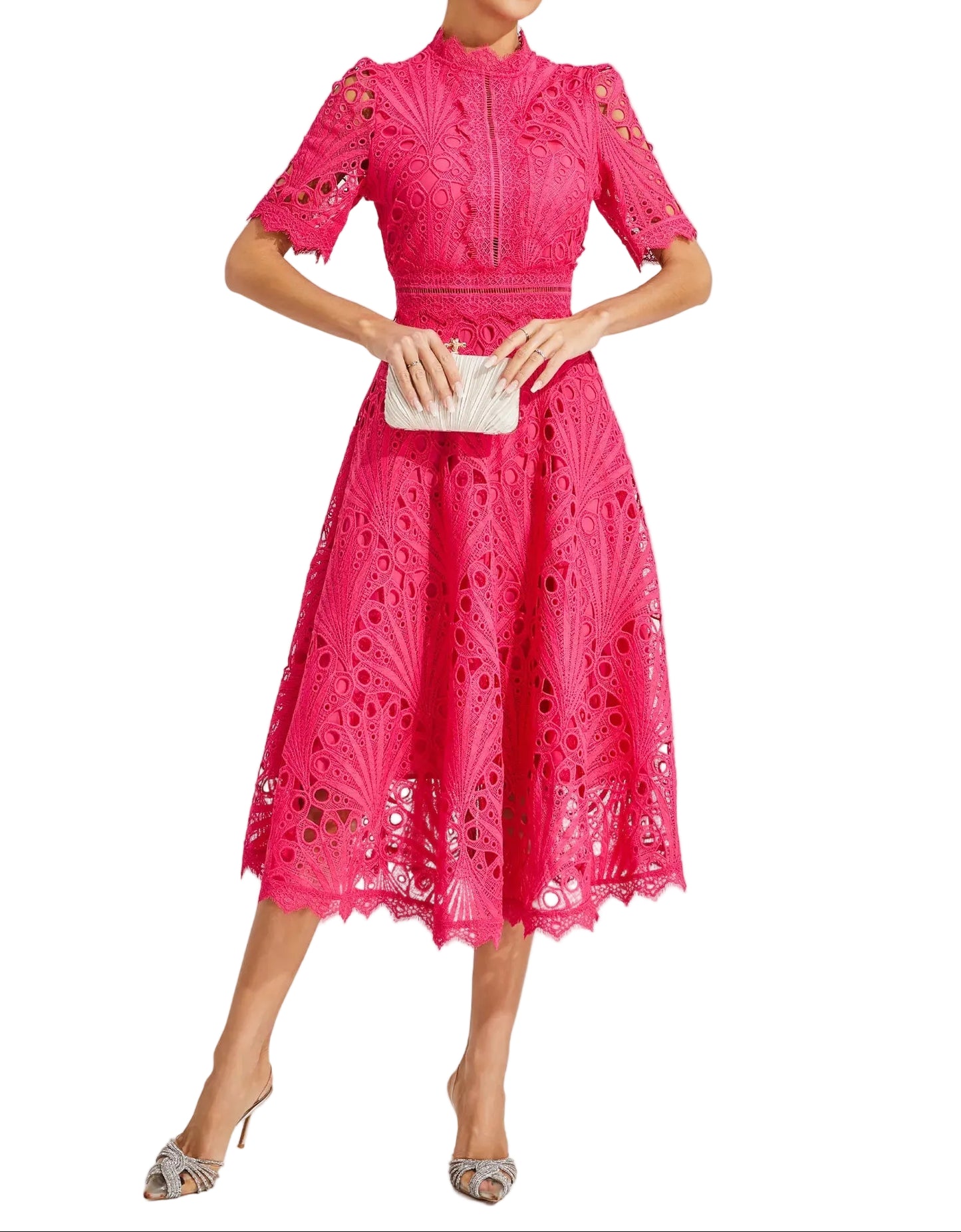 Robe midi femme avec structure en dentelle et col montant-Midi Dress-Gigié