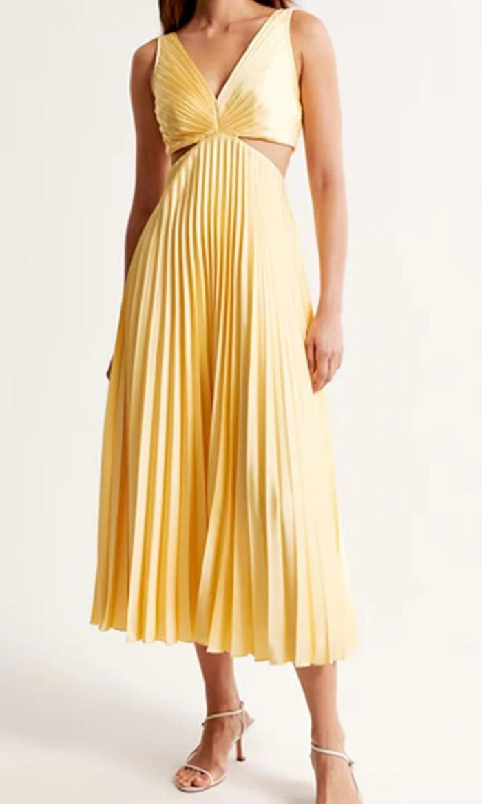 Robe Midi Femme col en V avec jupe plissée-Midi Dress-Gigié
