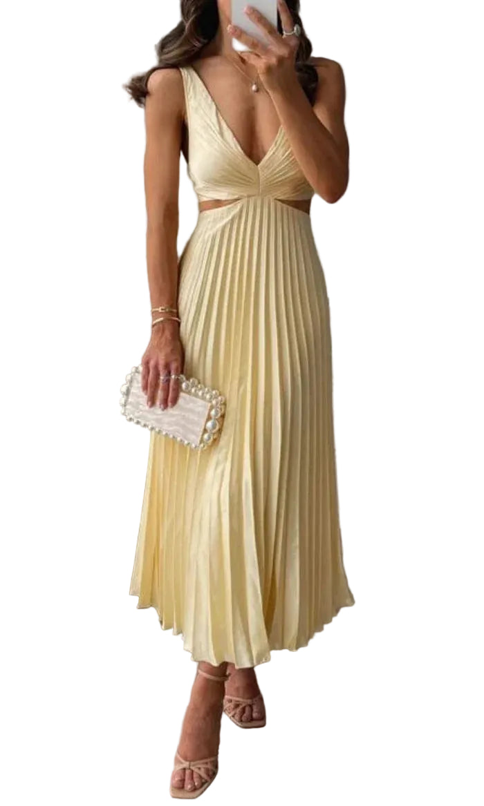 Robe Midi Femme col en V avec jupe plissée-Midi Dress-Gigié