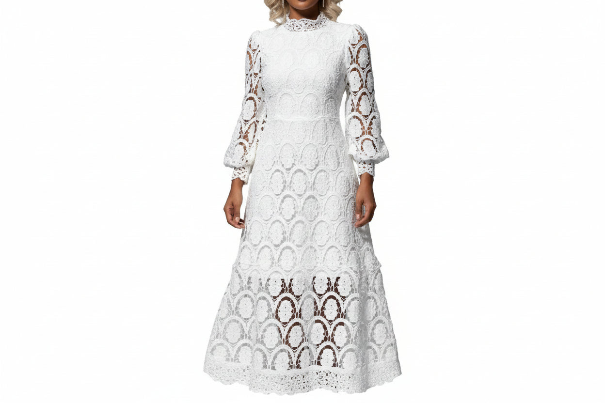 Robe midi femme en dentelle à manches longues avec col montant-Midi Dress-Gigié
