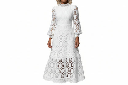 Robe midi femme en dentelle à manches longues avec col montant-Midi Dress-Gigié